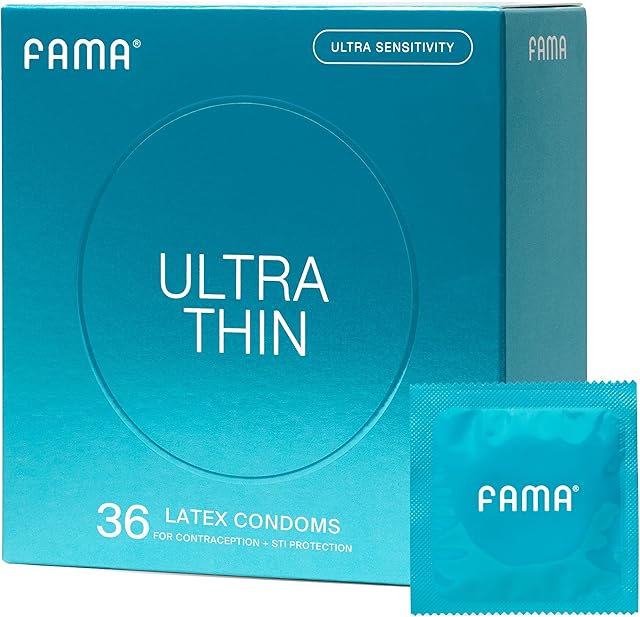 FAMA Ultra Thin Condoms ? 004mm, Extra Lubricated, 25% Thinner Natural Latex, 36 Pack, FDA-Cleared, 53mm Diameter, Hypoallergenic, Odorless, Long-Lasting Comfort