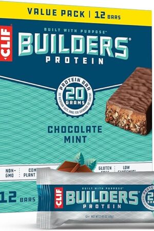 CLIF BUILDERS Protein Bars - Chocolate Mint Flavor - 20g Plant Based Protein - Gluten Free - Non-GMO - Low Glycemic - No Artificial Sweeteners - Value Pack, 24 oz (12 Count)