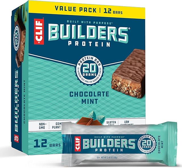 CLIF BUILDERS Protein Bars - Chocolate Mint Flavor - 20g Plant Based Protein - Gluten Free - Non-GMO - Low Glycemic - No Artificial Sweeteners - Value Pack, 24 oz (12 Count)