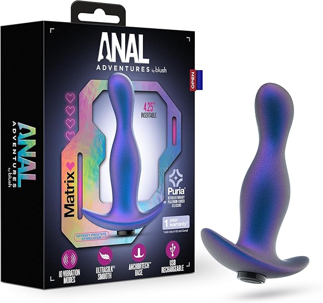 Blush Novelties Anal Adventures Matrix- Odyssey Vibrating Prostate Stimulator with AnchorTech Base- 10 Vibration Modes- Puria? Platinum Cured Silicone- UltraSilk? Satin Smooth - Adult Sex Toy - Blue"