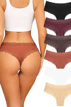Womens Cotton Underwear Sexy Lace Brazilian Panties Soft Breathable Cotton Bikini for Ladies 6 Pack