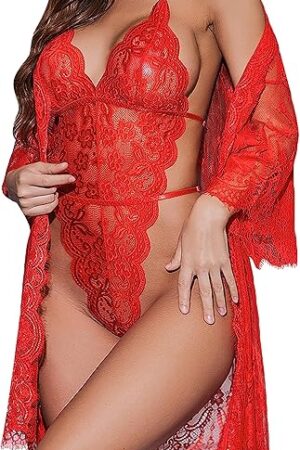 Women Sexy Lingerie Set 2 Piece Lace Kimono Robe with Lace Teddy Lingerie Bodysuit