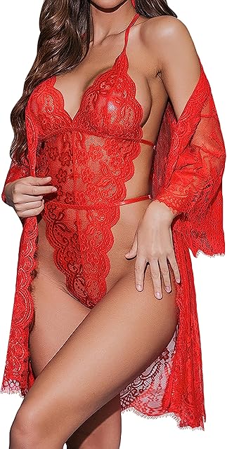 Women Sexy Lingerie Set 2 Piece Lace Kimono Robe with Lace Teddy Lingerie Bodysuit