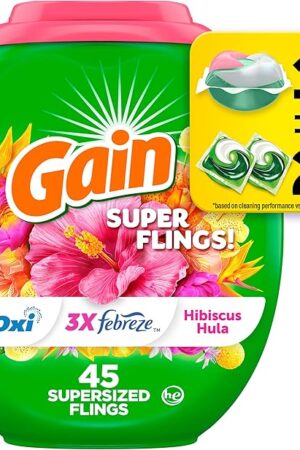 Gain Super Sized Flings Laundry Detergent Pacs with Hibiscus Hula Scent, Powerful Cleaning for Lasting Freshness, HE Compatible, 45 Count, Gain Laundry Detergent Pods