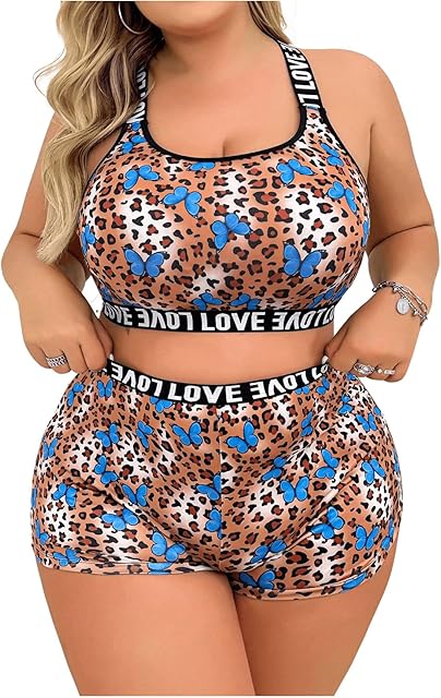 Women's Plus Size Letter Print Graphic Pattern Sexy Lingerie Set Wireless Bra And Panties 2 Piece Sets