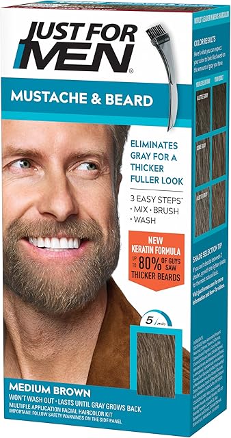 Just For Men Mustache & Beard, Beard Coloring for Gray Hair with Brush, With Keratin Biotin Aloe and Coconut Oil for Healthy Facial Hair - Medium Brown, M-35, Pack of 1 (Packaging May Vary)