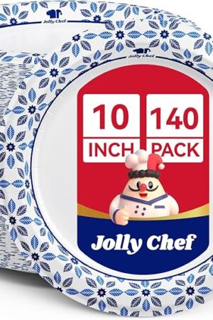 JOLLY CHEF 10 inch Disposable Paper Plates 140 Count, Soak Proof, Cut Proof, Heavy Duty Paper Plates for Everyday Use