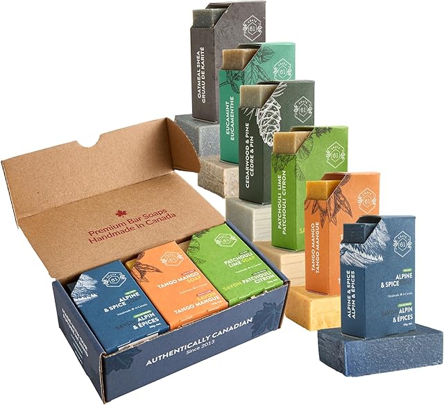 Handmade in Canada, Plant Based Cold Process Natural Bar Soap, With Premium Essential Oils, Dry Skin, Pack of 6 (For Him)
