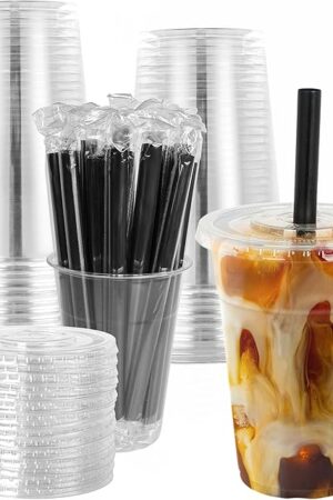 25 Sets - 16oz Disposable Clear Plastic Cups with Lids and Smoothies Straws Party Drinking Cups for Milkshakes,Cold Coffee
