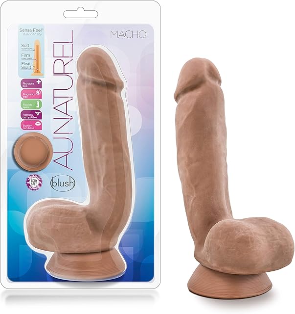 Blush Au Naturel Macho 85" Realistic Dildo w/Balls - Dual Density, Thick Lifelike Cock - Suction Cup, Strap-On Compatible - Veiny FlexiShaft, Soft TPE Sex Toy for Women, Men & Couples - (Brown)