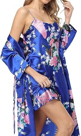 Women's 2 Piece Satin Sexy Lingerie Nightgown Floral Robe and Pajamas Set Silk Sleepwear S-XXXL