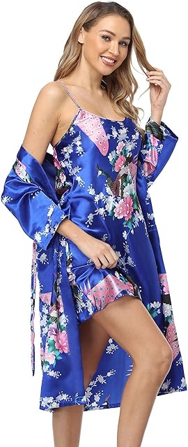 Women's 2 Piece Satin Sexy Lingerie Nightgown Floral Robe and Pajamas Set Silk Sleepwear S-XXXL