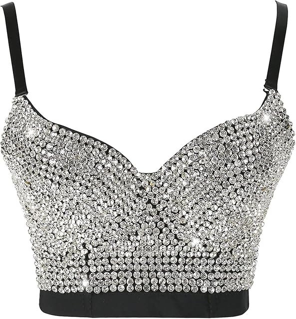 Women's Handmade Rhinestone Diamond Push up Bustier Crop Top Sexy Club Party Corset Bra