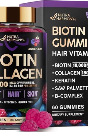 Biotin Gummies with Collagen - Hair Growth Support Skin, & Nail Strength - for Women & Men - Biotin 10000mcg | Keratin | Hyaluronic Acid | B-Complex | Saw Palmetto - Sugar-Free, Mixed Berry - 60 Gummy