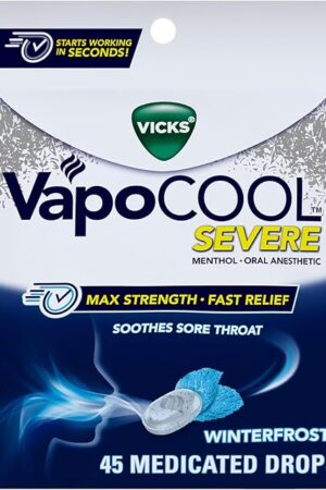 Vicks VapoCool Severe Medicated Sore Throat Drops, Max Strength Menthol, Soothes Sore Throat Pain, Winterfrost Flavor, 45ct