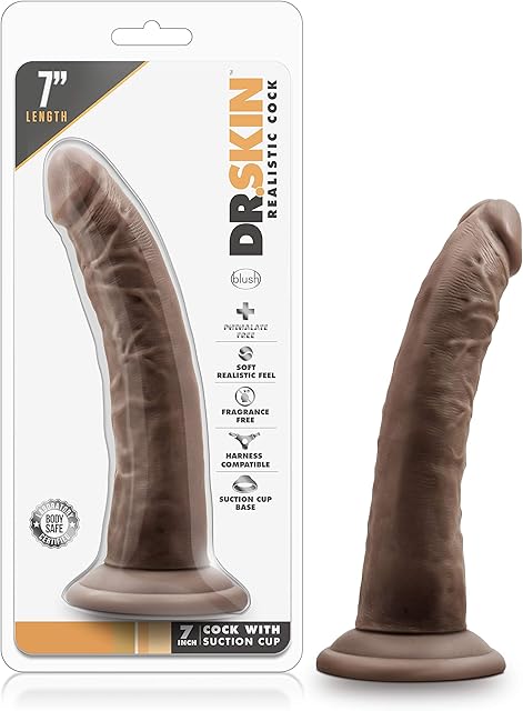 Blush Dr. Skin 7.5" Realistic Slim Dildo, Vaginal or Anal Play Long Cock - Suction Cup, Strap-On Compatible, Beginners Pegging & Roleplay - Lifelike Adult Sex Toy for Women, Men, Couples - (Chocolate)