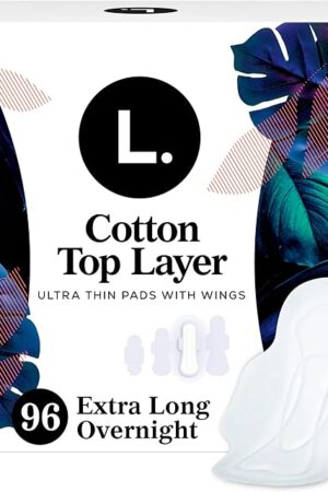 L Ultra Thin Pads for Women, Overnight Absorbency, Organic Cotton Top Layer, Unscented Pads with Wings, 96 CT