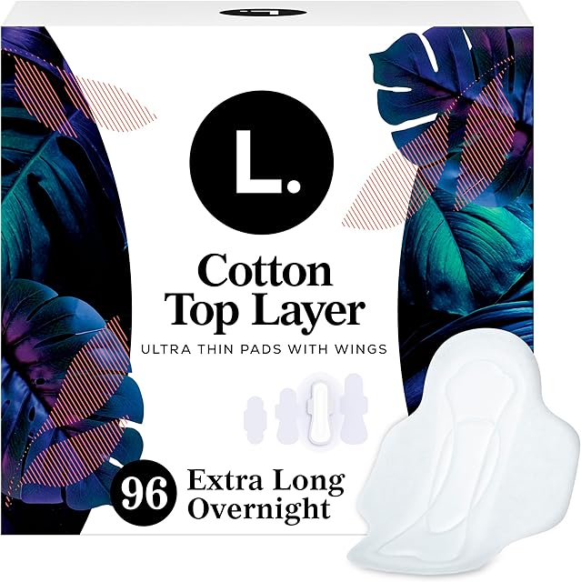 L Ultra Thin Pads for Women, Overnight Absorbency, Organic Cotton Top Layer, Unscented Pads with Wings, 96 CT