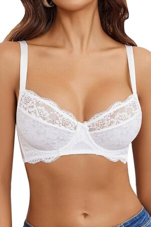 Women's Sexy Lace Bra Mesh Balconette Underwire Unlined Everyday Bra Lingerie