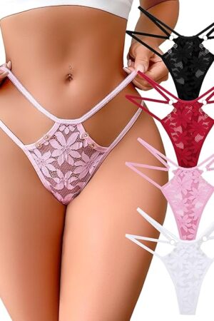 G-String Thongs for Women Sexy Lace Floral Hollow Out Cheeky Underwear Breathable No Show Invisible Panties 4 Pack