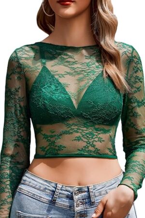 Womens Long Sleeve Mesh Top Mock Neck Sexy See Through Shirt Cut Out Floral Lace Topswith Bra