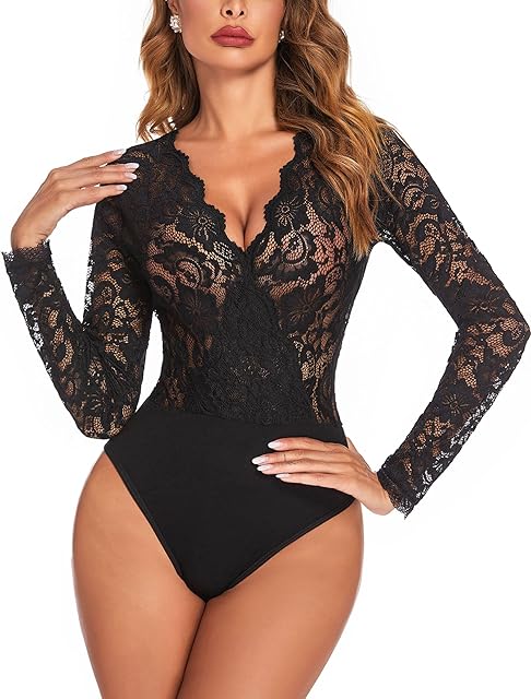 Lace Bodysuit for Women Sexy Long Sleeve V Neck Body Suits Going Out Tops Snap Crotch One Piece Teddy Lingerie