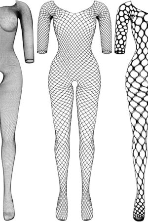 3 Packs Women Fishnet Bodysuits Mesh BodyStocking Fishnet Lingerie Long Sleeve Bodysuits One Piece Jumpsuit