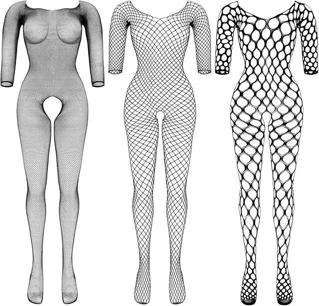 3 Packs Women Fishnet Bodysuits Mesh BodyStocking Fishnet Lingerie Long Sleeve Bodysuits One Piece Jumpsuit