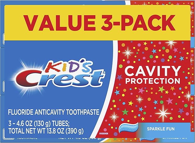 Crest Kid's Cavity Protection Toothpaste, Crest Kids Toothpaste, For Children And Toddlers 2+, Sparkle Fun, 4.6 Oz (Pack of 3), Toothpaste For Kids, Packaging may vary
