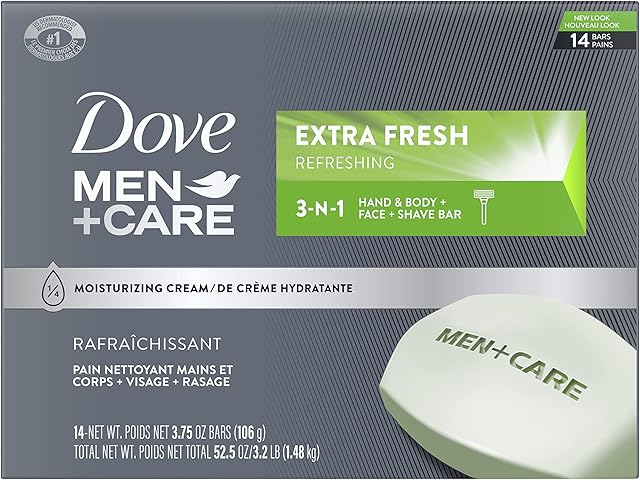 Dove Men+Care Bar 3 in 1 Cleanser for Body, Face, and Shaving Extra Fresh 14 Bars to Clean and Hydrate Skin Body and Facial Cleanser Mandarin Citrus, Patchouli, and Rosemary scent 375 oz
