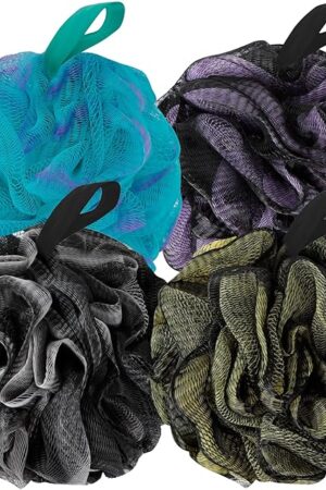 Bath Loofah Shower Sponge Body Back Scrubber Soft Mesh Shower Puffs Exfoliating Loofa for Women & Men Bath Accessories Cleaning Tool (Pack of 4 60G Loofah, Dark Elf)