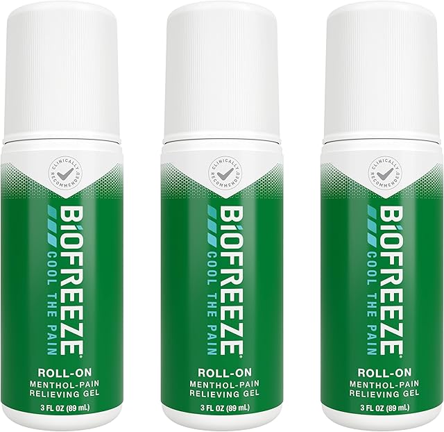 Biofreeze Roll On Pain Relief for Knee, Neck, Hip, Joint, Shoulder, & Simple Backache, Arthritis Pain Reliever, Sore Muscle Relief, Roll On Menthol Gel 3 Fl Oz (Pack of 3)