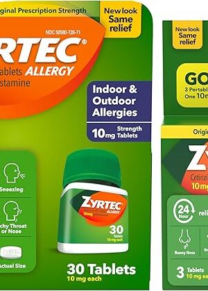 Zyrtec 24 Hour Allergy Relief Tablets, Indoor & Outdoor Allergy Medicine with 10 mg Cetirizine HCl Antihistamine for Allergies, Bundle of one, 30 ct Bottle & Three,1 ct Travel Packs