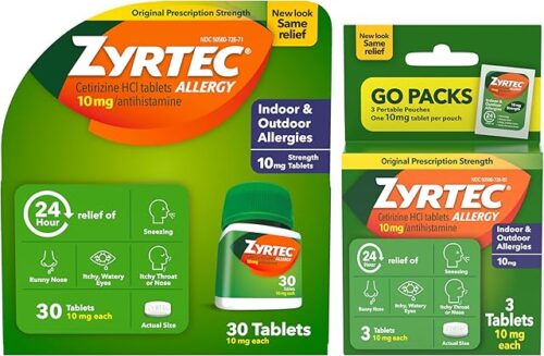 Zyrtec 24 Hour Allergy Relief Tablets, Indoor & Outdoor Allergy Medicine with 10 mg Cetirizine HCl Antihistamine for Allergies, Bundle of one, 30 ct Bottle & Three,1 ct Travel Packs