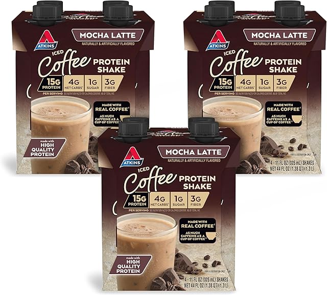 Atkins Mocha Latte Iced Coffee Flavored Protein Shake, High Protein, Low Glycemic, Low Carb and Low Sugar Shakes, Keto-Friendly, 12 Pack