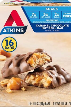 Atkins Caramel Chocolate Nut Roll Snack Bar, Protein Snack , 7g Protein, 2g Sugar, Rich in Fiber, 16 Count
