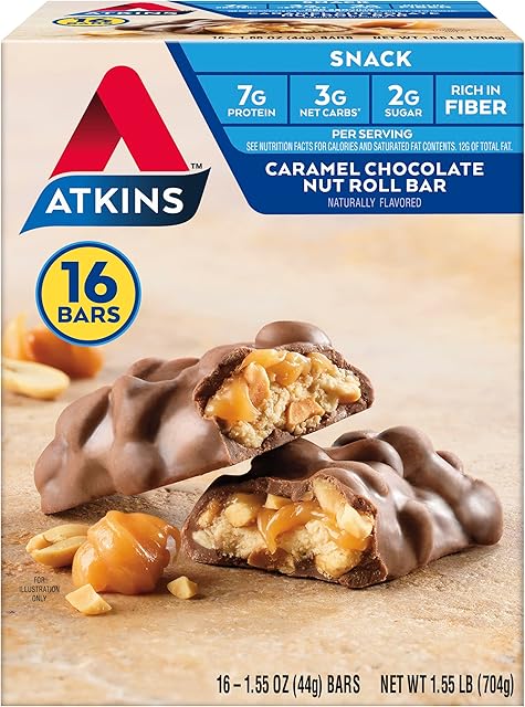 Atkins Caramel Chocolate Nut Roll Snack Bar, Protein Snack , 7g Protein, 2g Sugar, Rich in Fiber, 16 Count