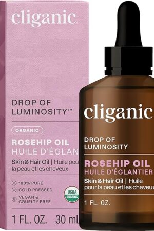 Cliganic Organic Rosehip Seed Oil for Face, 100% Pure | Natural Cold Pressed Unrefined Non-GMO | Carrier Oil for Skin, Hair & Nails (Packaging May Vary)