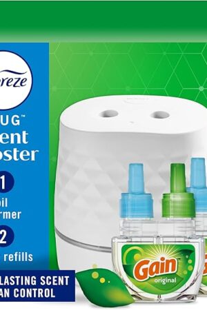 Febreze Plug Scent Booster Starter Kit, Oil Diffuser, Air Freshener Plug in, Continuous Scent Device + 2 Gain Original Refills