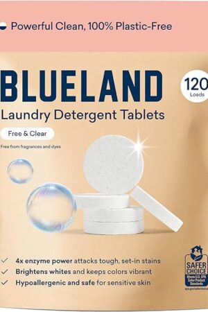 BLUELAND 100% Plastic-Free Laundry Detergent Tablets, 120 Count, Plastic-Free Eco-Friendly Pods, Sheets, Liquid Alternative - Fragrance Free and Clear, Natural, Gentle