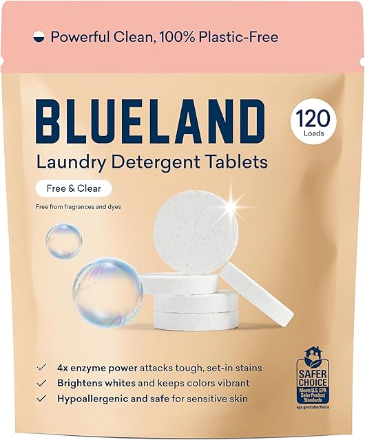 BLUELAND 100% Plastic-Free Laundry Detergent Tablets, 120 Count, Plastic-Free Eco-Friendly Pods, Sheets, Liquid Alternative - Fragrance Free and Clear, Natural, Gentle