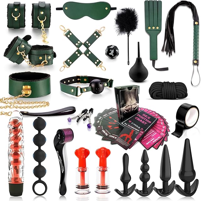 BDSM kit Sex Toys Bondage Restraints Set,Anal Butt Plug Toys and Adjustable Handcuffs Collar Ankle Cuff Blindfold,Sex Things for Couples Kinky and Couple Sex Toys for Games Card