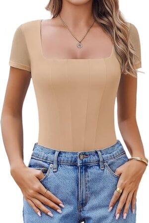 Women's Short Sleeve Bodysuits Sexy Square Neck Body Suit Mesh Double Lined Tshirt Leotard Tops Going Out