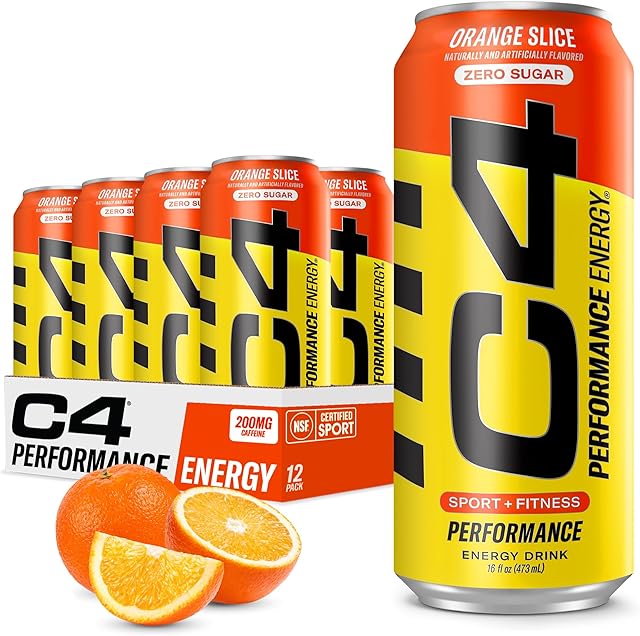 C4 Energy Carbonated Zero Sugar Energy Drink, Pre Workout Drink + Beta Alanine, Orange Slice, 16 Fl Oz (Pack of 12)