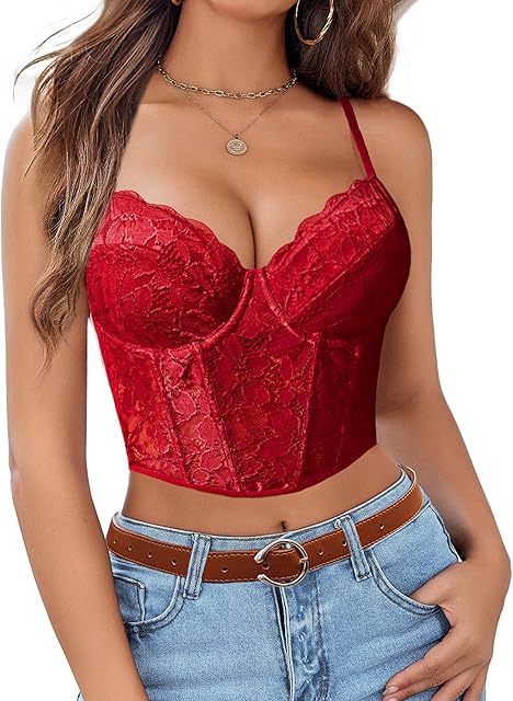 Lace Bralette for Women V Neck Bustier Corset Tops with Underwired Racerback Adjustable Strap Crop Top
