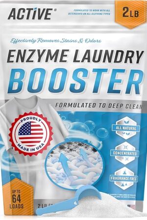 Enzyme Laundry Booster Odor Remover - 2 lbs Unscented Enzymatic Clothes Stain Cleaner Powder, Natural Deodorizer with Bio Active Enzymes, Detergent Additive Eliminator for Sweat, Oil, Blood - 64 Loads