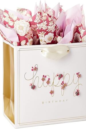 Hallmark Signature 7" Medium Birthday Gift Bag with Tissue Paper (Pink Flowers)