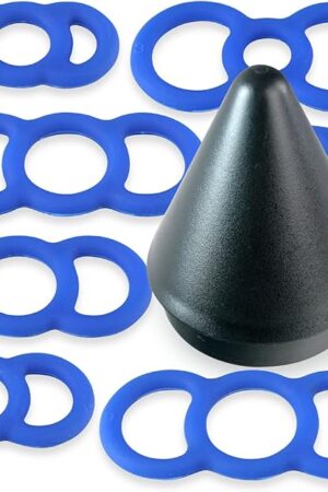 LeLuv Loop Handle Penis Tension Rings Eyro Slippery Blue Silicone Bundle with Easyop 2.25 inch Loader Cone One of Each Size .5 inch Through 1 inch Unstretched Diameter