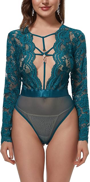 Women Lace Bodysuit Sexy Snap Crotch Long Sleeve Deep V Teddy Lingerie Tops