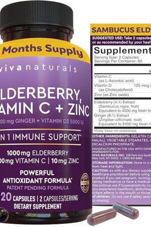 Viva Naturals Elderberry with Vitamin C and Zinc for Adults - 5 in 1 Sambucus Black Elderberry Capsules with Vitamin D3 5000 IU Immunity Supplement, Sambucus Elderberry Immune Support Supplement